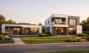 Nowoczesny bungalow i piętrowy dom z balkonem, otoczone zielenią, oświetlone ciepłym światłem zachodzącego słońca.