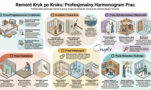 Harmonogram remontu domu: od projektu, przez rozbiórki, budowę, instalacje, po wykończenia i sprzątanie.