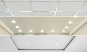 Różne rodzaje zabudowy GK: kasetonowy, podwieszany z halogenami, nowoczesny z oświetleniem LED.