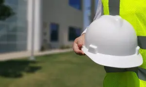 Biały kask na budowie, obok odblaskowej kamizelki. Różne kolory kasków na budowie symbolizują bezpieczeństwo i profesjonalizm.