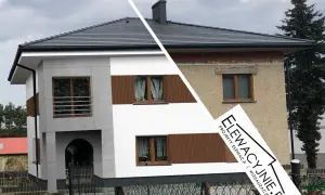 Przed i po: nowoczesne malowanie elewacji domu z brązowymi akcentami po lewej, stara, zaniedbana ściana po prawej.