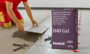 Układanie płytek z użyciem kleju H40 Gel. Fachowiec precyzyjnie dopasowuje płytkę, a obok stoi opakowanie tego wszechstronnego kleju.
