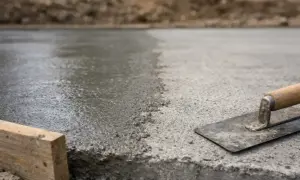 Świeży beton na budowie, obok kielnia budowlana. Reper zaznacza poziom.
