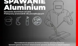 Ilustracja przedstawia spawanie aluminium. Widoczny spawacz w masce, palnik, butla z argonem i materiały do spawania.