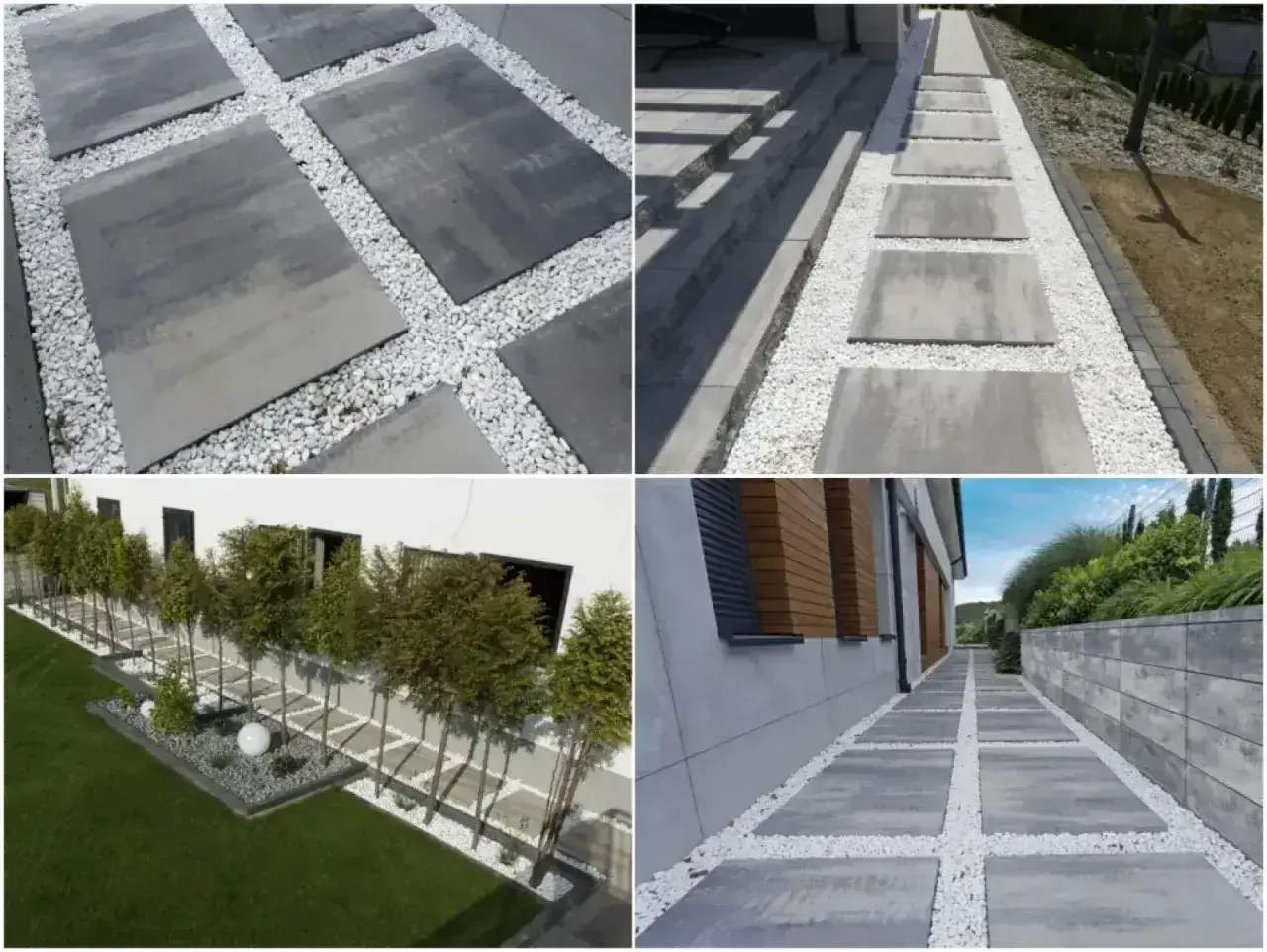 Nowoczesne ścieżki z płyt betonowych i białego żwiru tworzą najtańszą opaskę wokół domu, nadając mu elegancki wygląd.