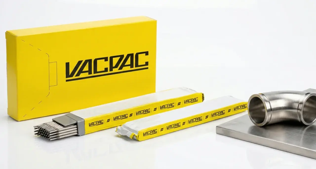 Żółte pudełko z logo VACPAC, obok opakowania z elektrodami spawalniczymi i metalowym kolankiem.