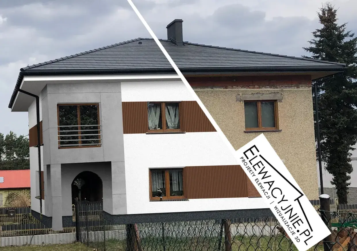 Przed i po: nowoczesne malowanie elewacji domu z brązowymi akcentami po lewej, stara, zaniedbana ściana po prawej.