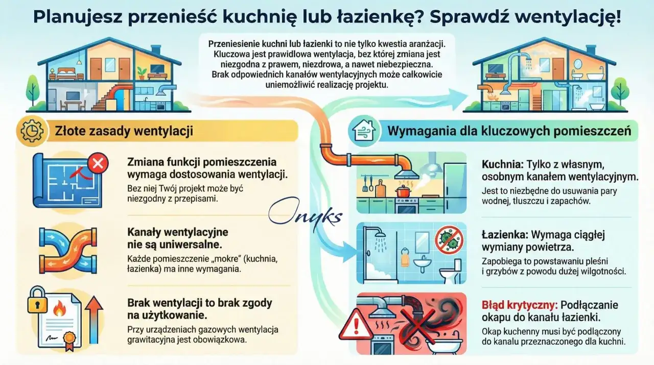 Schemat przedstawia prawidłową instalację wentylacyjną w domu, podkreślając jej znaczenie przy przenoszeniu kuchni lub łazienki.