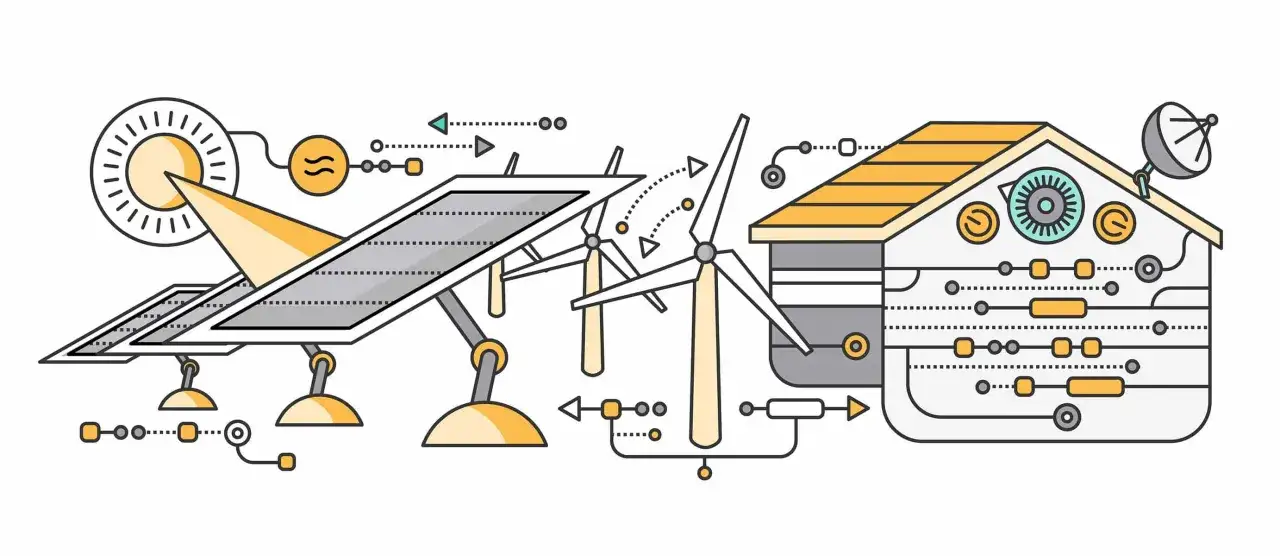 Ilustracja przedstawia koncepcję zrównoważonego domu, gdzie panele słoneczne i turbiny wiatrowe dostarczają energię. To jak nowoczesny earthship, który czerpie z natury.