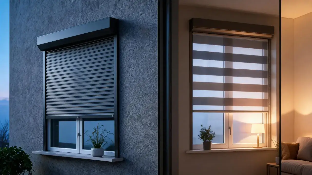 Dwa rodzaje rolet: zewnętrzne, ciemne, chroniące okno, oraz wewnętrzne, dzień-noc, tworzące przytulną atmosferę.