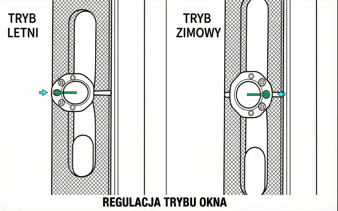 Regulacja trybu okna: tryb letni i tryb zimowy. Pokazano mechanizm regulacji docisku skrzydła okiennego.