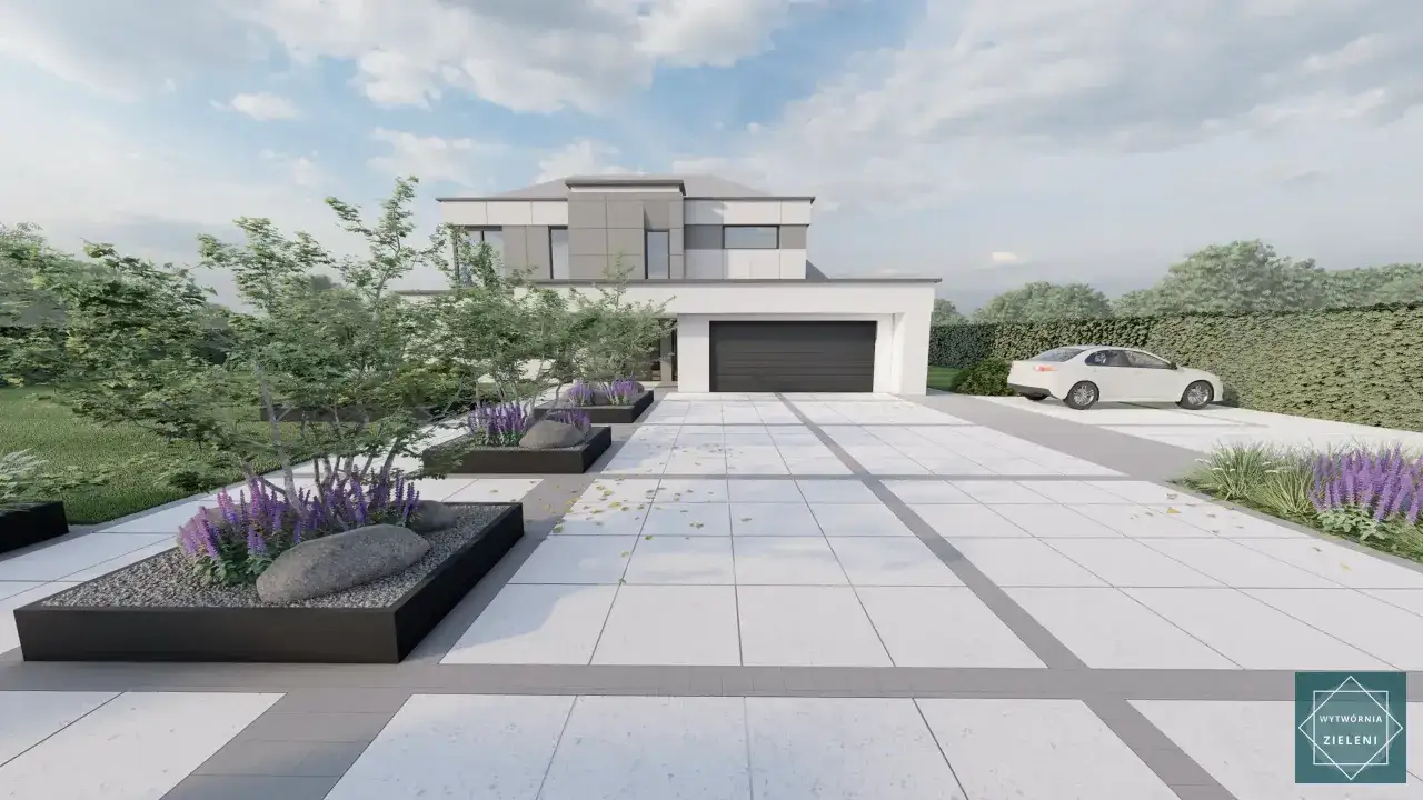 Nowoczesny przedogródek z minimalistyczną architekturą, białym domem, podjazdem z płyt i zielenią.