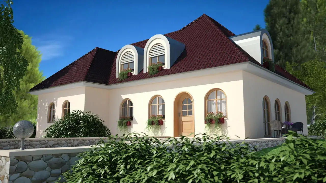 Elegancki dom z łukowymi oknami i drzwiami, ozdobionymi drewnianymi szprosami. Wokół bujna zieleń i kamienny murek.
