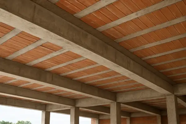 Widok z dołu na betonowe belki i pustaki ceramiczne, tworzące strop. Różne rodzaje stropów w budowie.