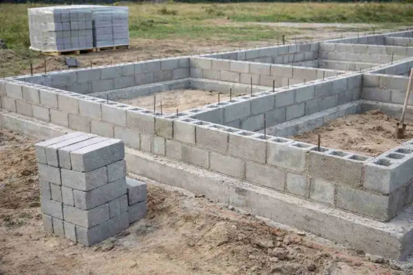 Fundament budowy z pustaków betonowych, gotowy do dalszych prac.