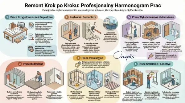 Harmonogram remontu domu: od projektu, przez rozbiórki, budowę, instalacje, po wykończenia i sprzątanie.