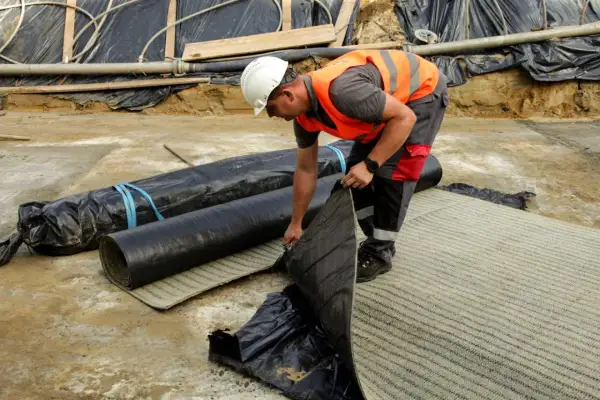 Budowlaniec rozkłada warstwę **betonitu** na placu budowy. Obok leżą zrolowane materiały izolacyjne.
