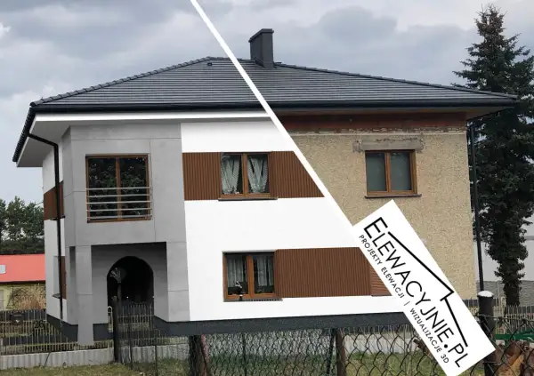 Przed i po: nowoczesne malowanie elewacji domu z brązowymi akcentami po lewej, stara, zaniedbana ściana po prawej.