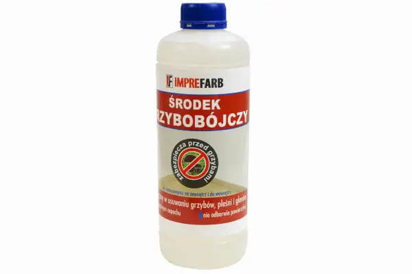 Preparat na grzyba na ścianie. Środek grzybobójczy Imprefarb do usuwania pleśni i glonów, do stosowania wewnątrz i na zewnątrz.
