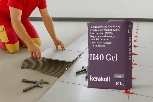 Układanie płytek z użyciem kleju H40 Gel. Fachowiec precyzyjnie dopasowuje płytkę, a obok stoi opakowanie tego wszechstronnego kleju.