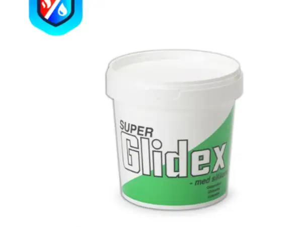 Białe wiaderko z zielonym pasem i napisem "SUPER Glidex - med silikon". Idealne do gładkiego poślizgu.