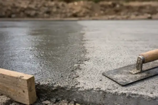 Świeży beton na budowie, obok kielnia budowlana. Reper zaznacza poziom.